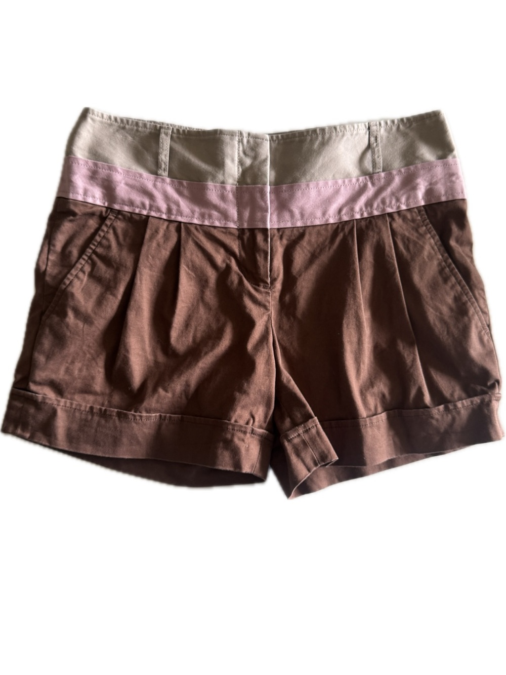 ✨ Vintage BCBGMaxAzria Colorblock Trouser Shorts Brown Pink Khaki Mid Rise Y2K